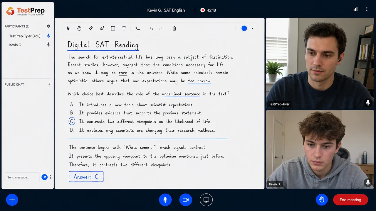 TestPrep birebir SAT özel ders canlı ekranı: eğitmen Kevin G. ile öğrenci arasında Digital SAT Reading sorusu üzerine çalışma.