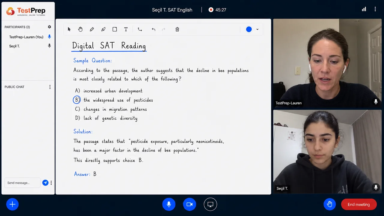 TestPrep birebir SAT özel ders canlı ekranı: eğitmen Seçil T. ile öğrenci arasında Digital SAT Reading sorusu üzerine çalışma.
