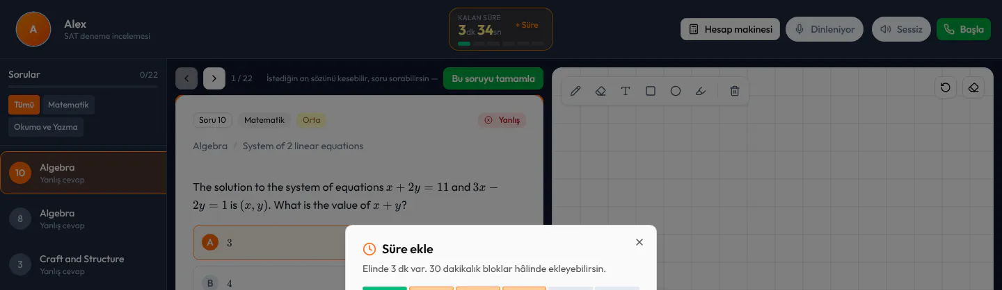 Süre ekleme penceresi: kalan süre ve 30 dakikalık bloklarla süre eklenebildiği.